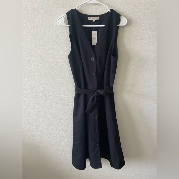Loft black button down tank top v neck midi dress with tie waist - Picture 4 of 5
